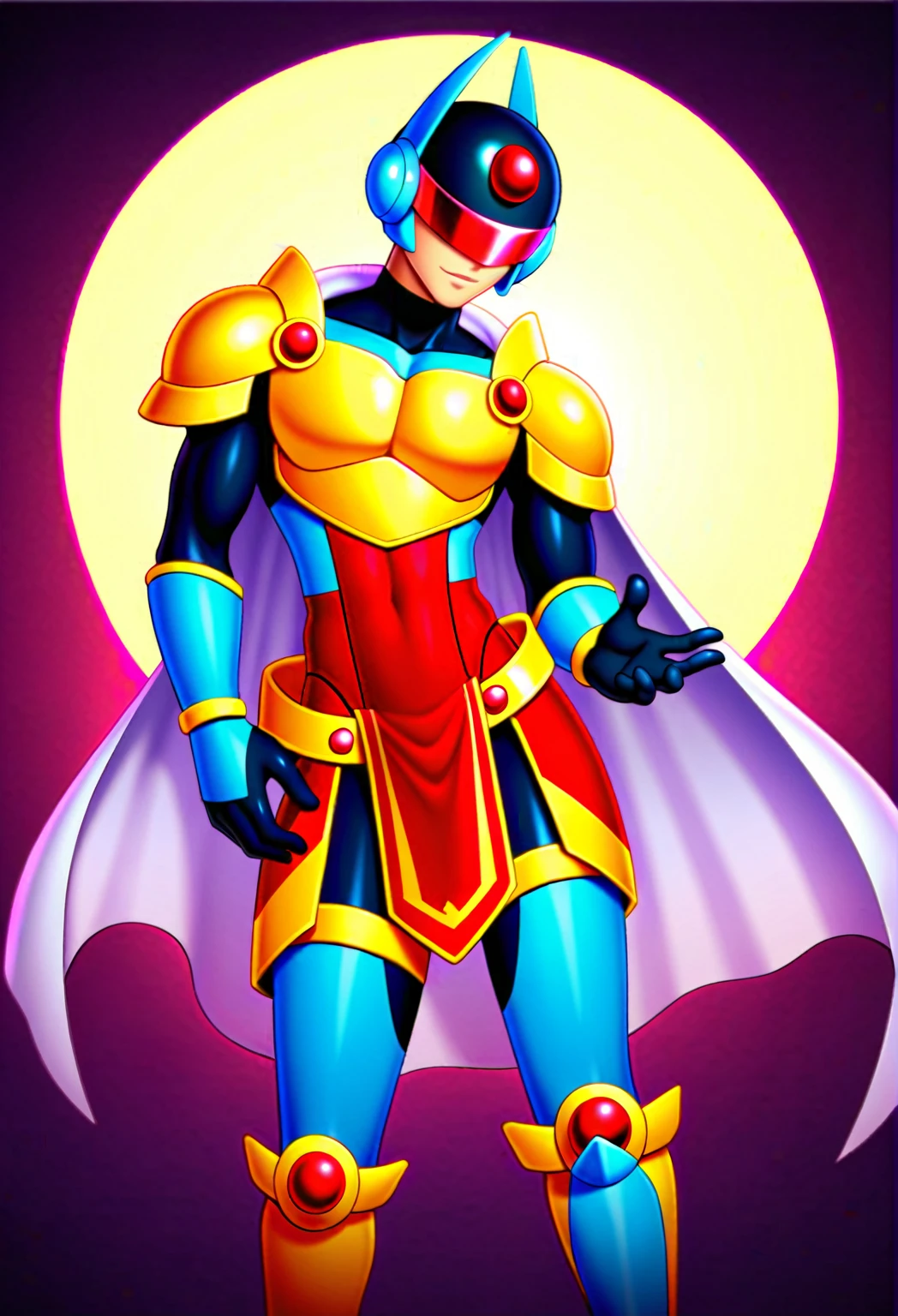 in kinu-sensei artstyle, Kinu Nishimura style, muted pastel colors, 1boy, hardboiled, solo, reploid, (fullbody:1.3), The character in the image is a sleek, humanoid Reploid from the MegaMan X series, depicted in a heroic stance. He wears a form-fitting, high-tech armor in vibrant gold and black, adorned with blue gem-like details on the chest, arms, and legs, signifying advanced technology. His helmet features a sharp V-shaped visor with side fins, and his face is exposed, showcasing determined eyes. He has a white cape flowing dramatically behind him, adding to his regal and commanding presence. The art style is reminiscent of anime, with sharp lines, dynamic pose, and bright, bold colors, highlighting the character's futuristic and heroic nature,in kinu-sensei artstyle, in kinu-sensei artstyle