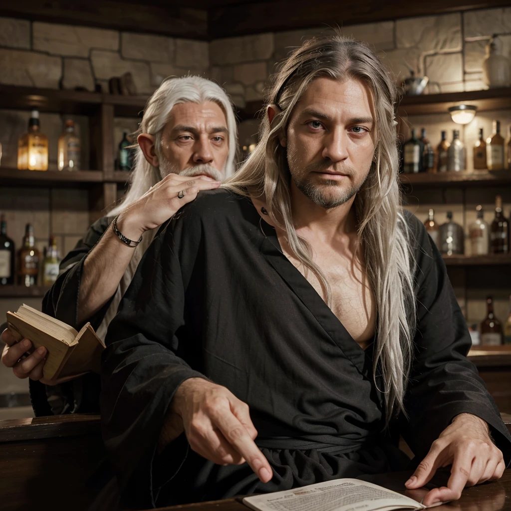 1 guy, Half elf, sleepy white eyes, Wise man, neck-length hair, messy hair, thin beard, drunkard, mediaval, Dress neatly, Wearing a black shirt and robe, white hair, lazy face, looks like haymitch from hungger game, alone at bar reading a book