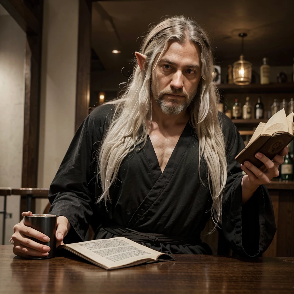 1 guy, Half elf, sleepy white eyes, Wise man, neck-length hair, messy hair, thin beard, drunkard, mediaval, Dress neatly, Wearing a black shirt and robe, white hair, lazy face, looks like haymitch from hungger game, alone at bar reading a book
