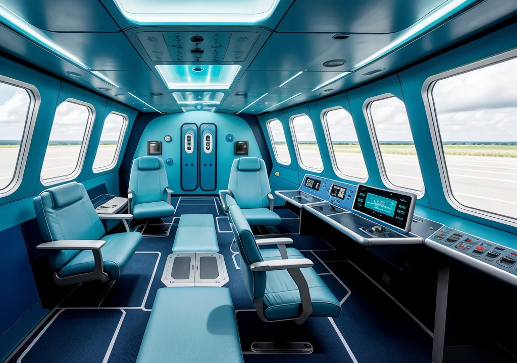 Control cabin of a futuristic spaceship flying in the sky, with an animated style, with a blue metal floor and cyan walls on the sides, with a large control panel in the center, with a large window above the panel and with two light blue chairs on the sides of the cabin.