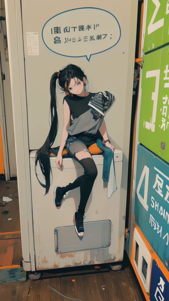 1girl, solo, long hair, looking at viewer, shirt, black hair, sitting, shoes, sleeveless, pants, medium hair, black eyes, black shirt, sleeveless shirt, ground vehicle, yellow pants, orange pants, washing machine