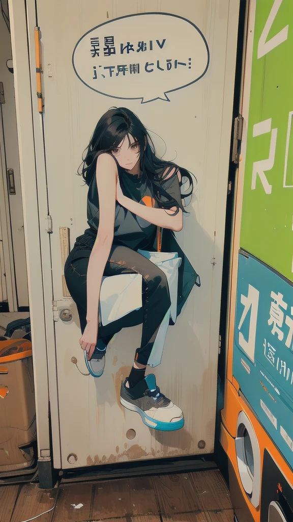 1girl, solo, long hair, looking at viewer, shirt, black hair, sitting, shoes, sleeveless, pants, medium hair, black eyes, black shirt, sleeveless shirt, ground vehicle, yellow pants, orange pants, washing machine