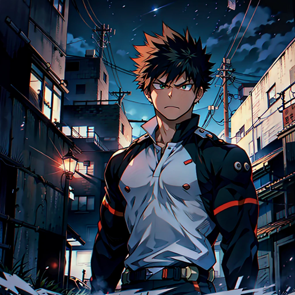 the anime, (Best Quality), ((1 adult boy)), ((muscled body)), Bakugou (Hakuji) AB: Boku no Hero, standing in front of a building , (Night landscape in a building ), ((Ultra-short black hair)), ((Impassive green eyes)), (((Hair back))), (((open forehead))), boku no hero clothes , a waist belt, looks at the viewer, The Art of Boku no Hero, Boku no Hero artstyle, Boku no Hero