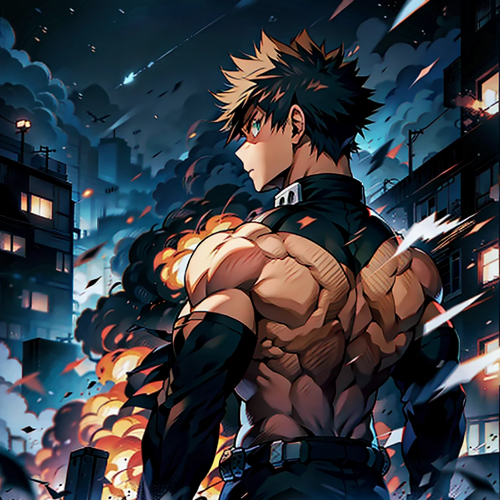 the anime, (Best Quality), ((1 adult boy)), ((muscled body)), Bakugou (Hakuji) AB: Boku no Hero, standing in front of a building , (Night landscape in a building ), ((Ultra-short black hair)), ((Impassive green eyes)), (((Hair back))), (((open forehead))), boku no hero clothes , a waist belt, looks at the viewer, The Art of Boku no Hero, Boku no Hero artstyle, Boku no Hero