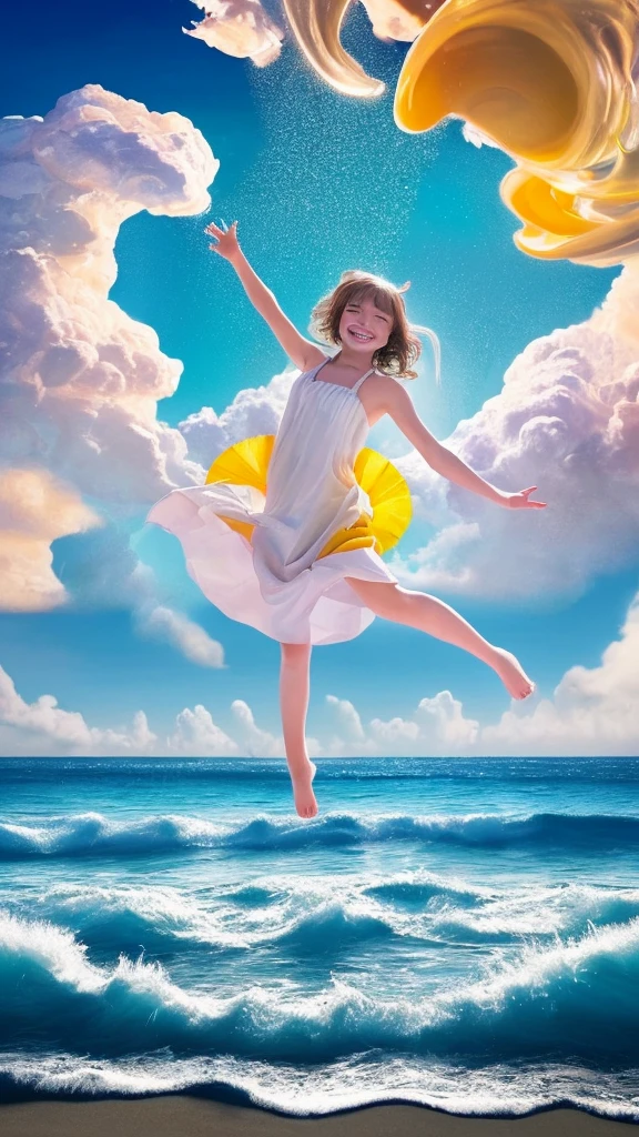 A beautiful beach under the midsummer sky傑作, Highest quality, Movie stills, One girl, Floating in the sky, cloud girl, cloud, (close:1.1), bright, Conceit, Grin, Happy, fun, Soft lighting, Volumetric lighting, Bauhaus, shape, OK, Sparkling, Sparkling, Swirl, Abstract, Expressive