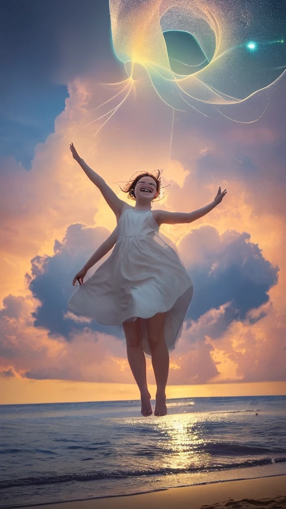 A beautiful beach under the midsummer sky傑作, Highest quality, Movie stills, One girl, Floating in the sky, cloud girl, cloud, (close:1.1), bright, Conceit, Grin, Happy, fun, Soft lighting, Volumetric lighting, Bauhaus, shape, OK, Sparkling, Sparkling, Swirl, Abstract, Expressive