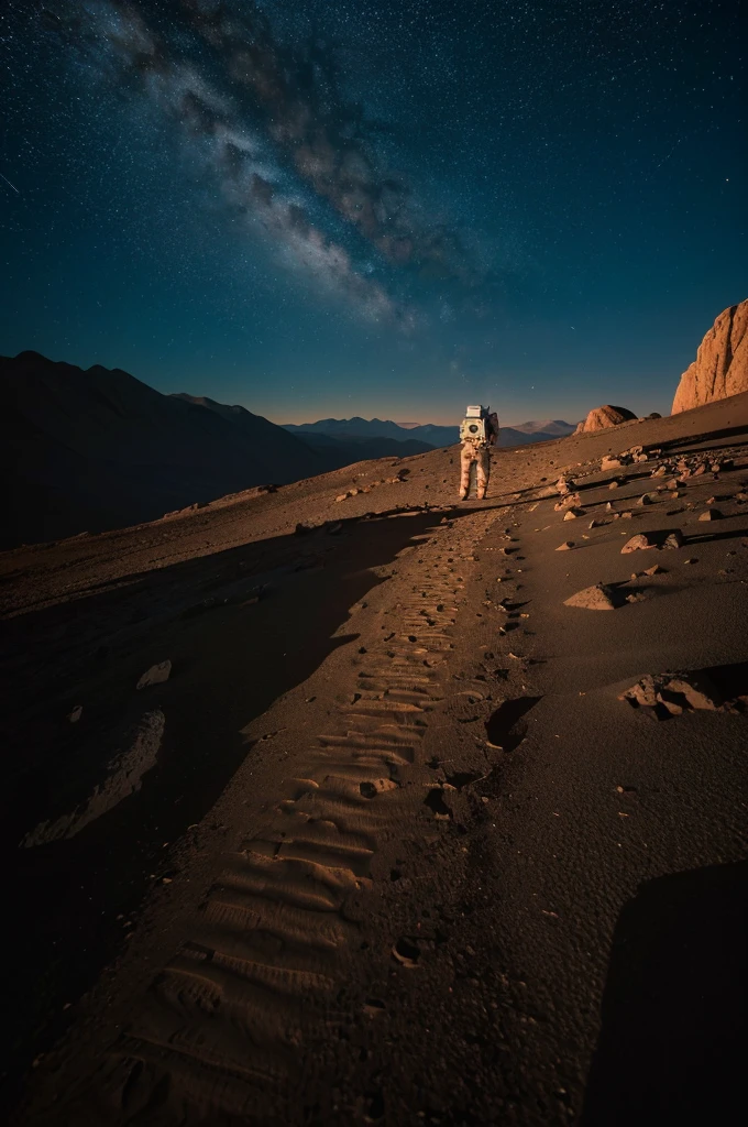 An astronaut walking on Mars at night, with an environment filled with rocks, stones, mountains, and peaks. The scene is viewed from behind the astronaut, so the viewer sees the astronaut from the back. The Martian sky is dark with stars visible, and the landscape is illuminated by the astronaut's suit lights.