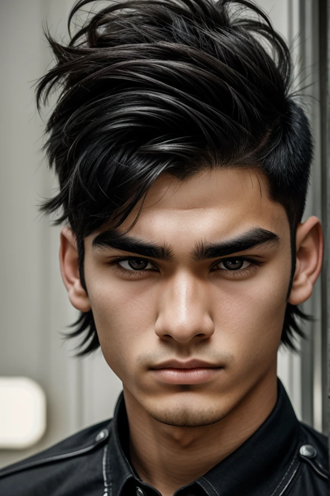 16 year old boy, black hair, with the moder mullet haircut, marked jaw, thick eyebrows, line on the eyebrow, normal nose, strong eyes and normal lips.