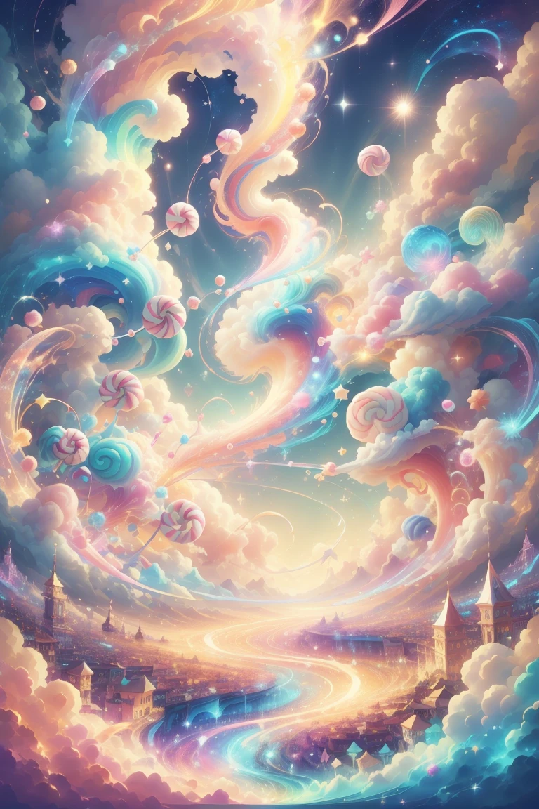candy magic , Vibrant , sweet aura, cream stream, Massive Spells,, Sky with clouds 