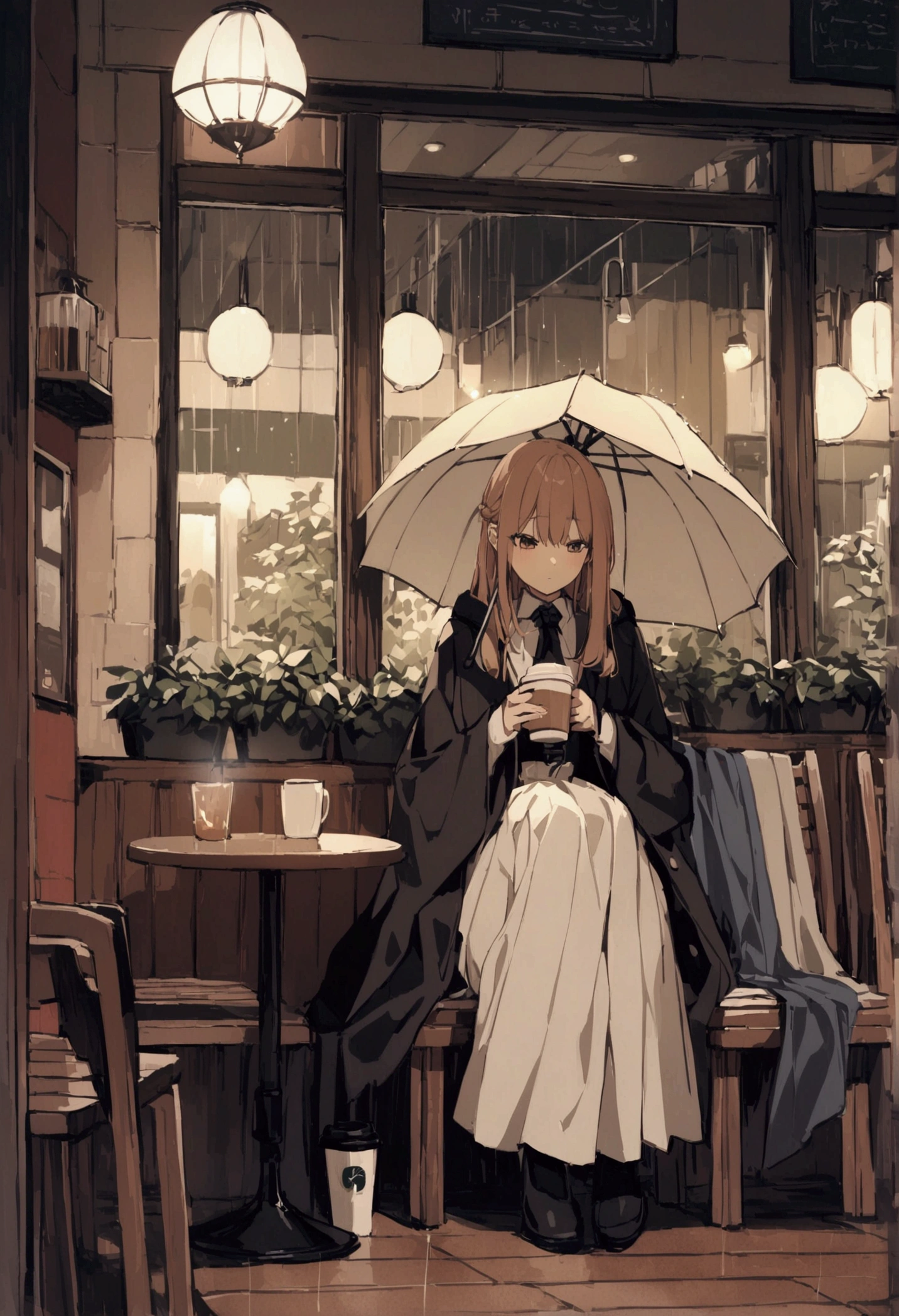 high resolution、high quality、One girl、Inner Color、Beautiful Hair、Beautiful appearance、Bored look、I&#39;m in a coffee shop、Sitting in a chair、Looking Outside、Drinking coffee、２One Coffee、The rain outside never stops、Heavy rain outside and passersby with umbrellas、Waiting for him