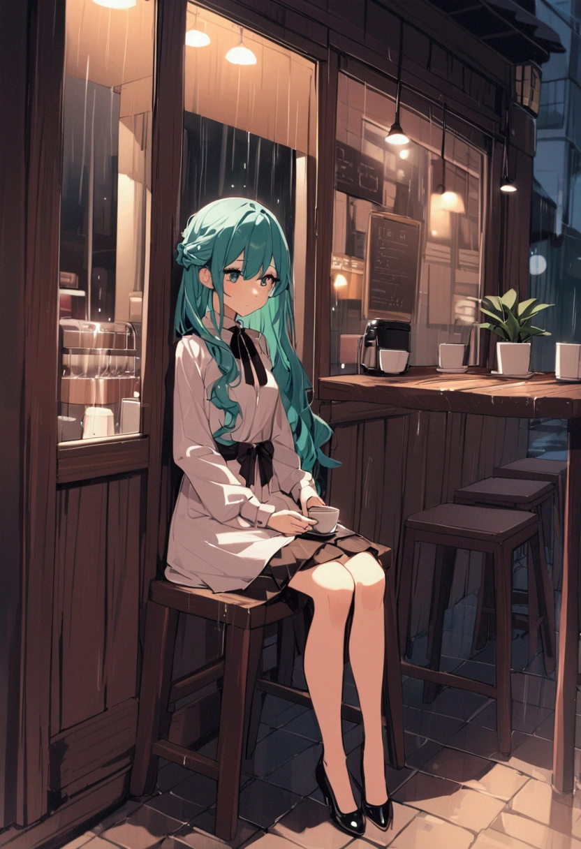 high resolution、high quality、One girl、Inner Color、Beautiful Hair、Beautiful appearance、Bored look、I'm in a coffee shop、Sitting in a chair、Looking Outside、Drinking coffee、2One Coffee、The rain outside never stops、Heavy rain outside and passersby with umbrellas、Waiting for him