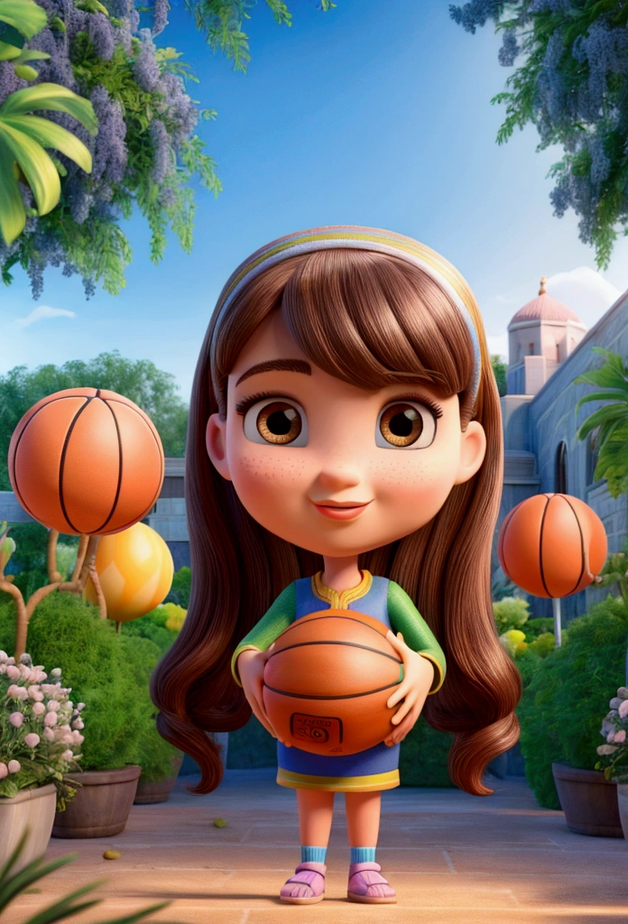 muslim girlplaying basketball,(best quality,4K,8k,highres,masterpiece:1.2),long brown hair,Round face,elaborate brown eyes,Elaborate enchanting lips,charmer smile,extremely detaild,expressive facial expression,from front view, girl in a lush green garden,Optics,Radiant Summer,soft breeze,paisagem serena,a moment of pure relaxation,swirly vibrant colors,soft, natural lighting,smooth bokeh effect,oil painting style,Romantic Inspiration,exceptional clarity and sharpness PIXAR style