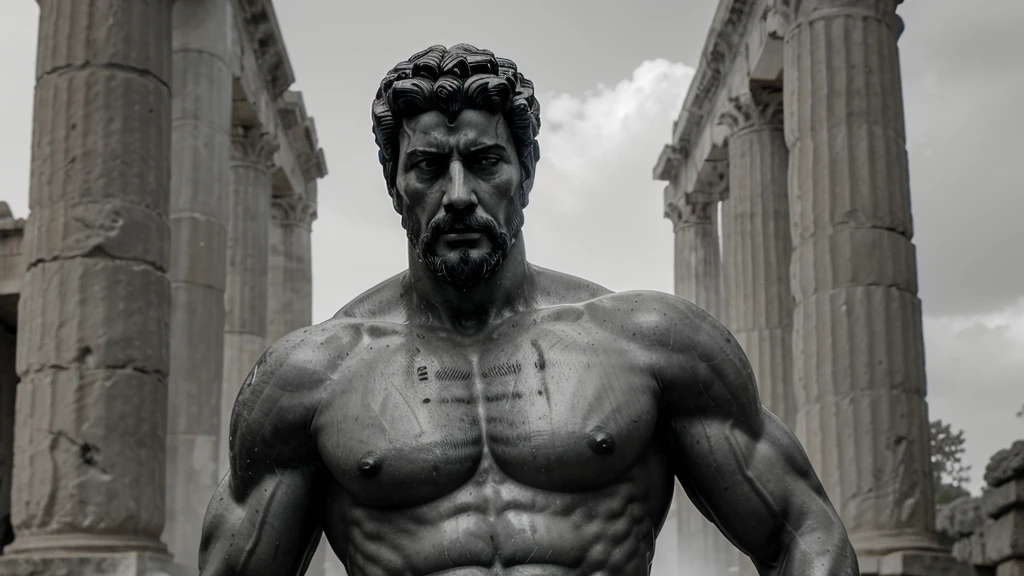 a portrait statue of the stoic Marcus Aurelius in black and white 4K, Super realistic ANCIENT GREEK RUINS, fully body, corpo stark, brawny, stark, wearing no shirt, tronco stark, stark, wearing no shirt, strong arms, 8k, ultra realisitic, cinematographic
