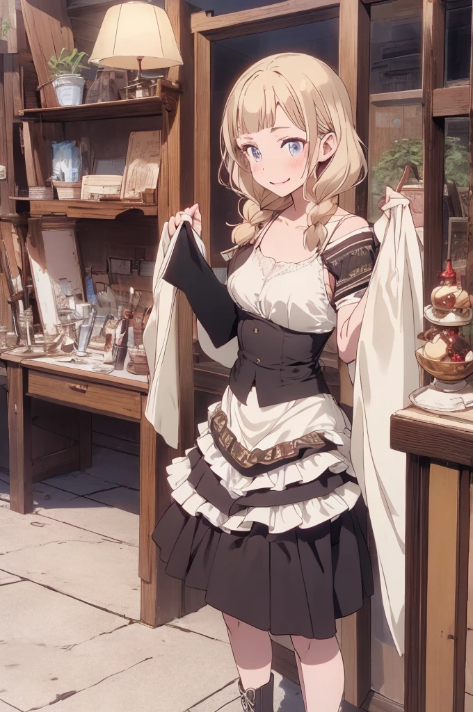(small breasts:1.2), (perky chest:1.2), (pointed chest:1.2), (Pudding cake magazine cover:1.3),(from below:1.0),(shoot from the side:1.1),masterpiece, 1girl, Amazing Cleavage:1.1, thin waist, optimum,tmasterpiece,hight resolution,best qualtiy,hyper HD,super detailing,awardwinning,a 18yo cute girl,(The upper part of the body),anatomy correct,Beautiful Black miniskirt,garters,Gaze,Small face,bangss,holster,Beautuful Women,hands up,leg holster,Gaze,black boots,Cowboy Shot,cute face,a blond,Longhaire,Twin-tailed,Braids, Hairline,(scarlet eyes),long eyelasher,Hanging eye corners,White skin of the, ((see through camisole:1.1)), ((Sheer nipples:1.0)),Rocket Tits,(Slim body),smile,seductive weak smiling,(with sparkling eyes and a contagious smile),little open mouth, Looking at Viewer,