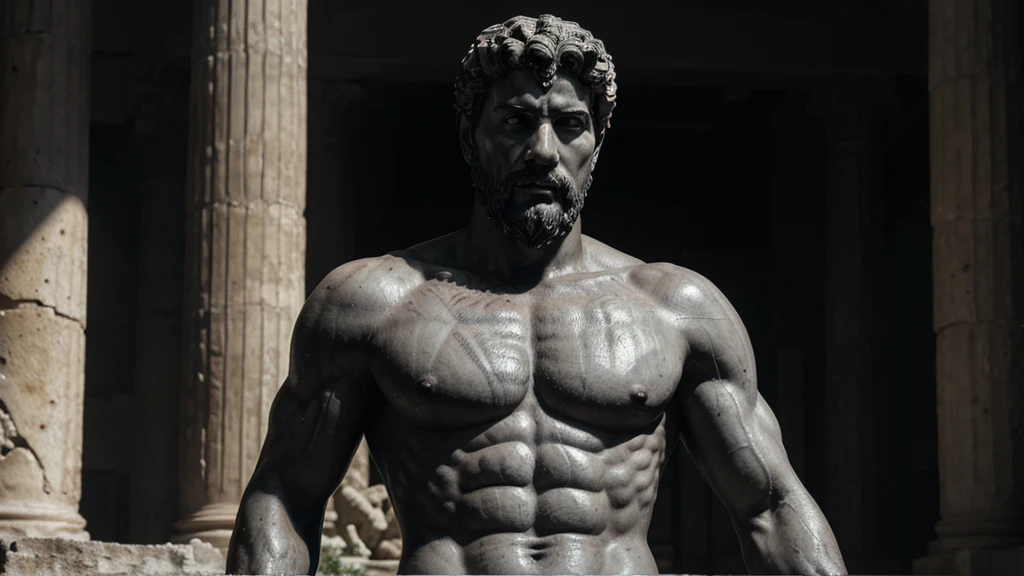 a portrait statue of the stoic Marcus Aurelius in black and white 4K, Super realistic ANCIENT GREEK RUINS, fully body, corpo stark, brawny, stark, wearing no shirt, tronco stark, stark, wearing no shirt, strong arms, 8k, ultra realisitic, cinematographic