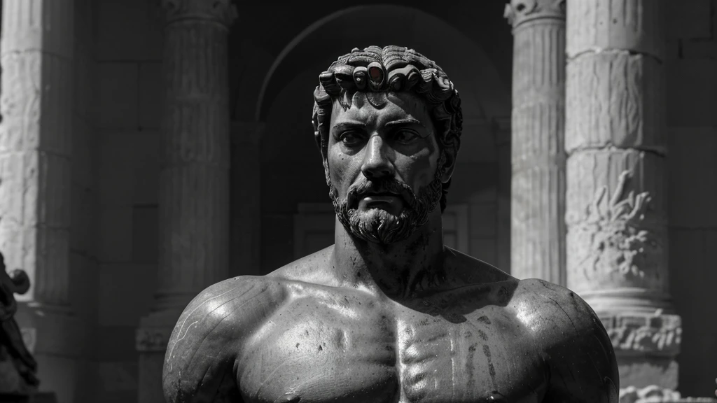 a portrait statue of the stoic Marcus Aurelius in black and white 4K, Super realistic ANCIENT GREEK RUINS, fully body, corpo stark, brawny, stark, wearing no shirt, tronco stark, stark, wearing no shirt, strong arms, 8k, ultra realisitic, cinematographic