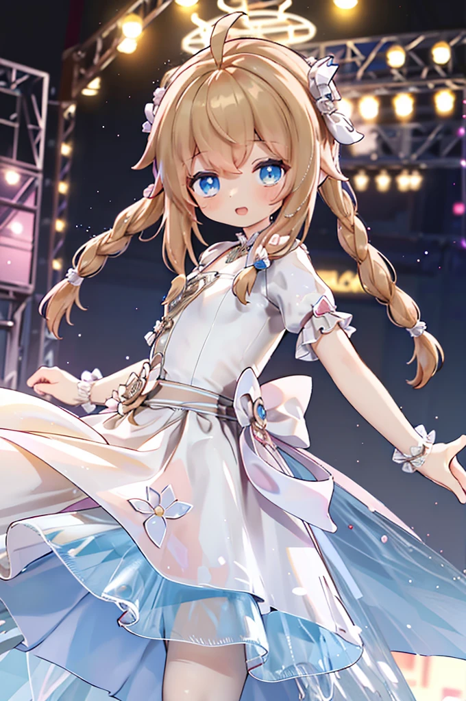 Solo girl, comical, kawaii, Blue eyes, light brown hair, back high twintails, front braids, ((yellow and white princess dress 1.5)), open mouth smile, from below, dance at the stage, neon and led lights, posing, sexy, high-resolution image, masterpiece, high quality, attractive eyes