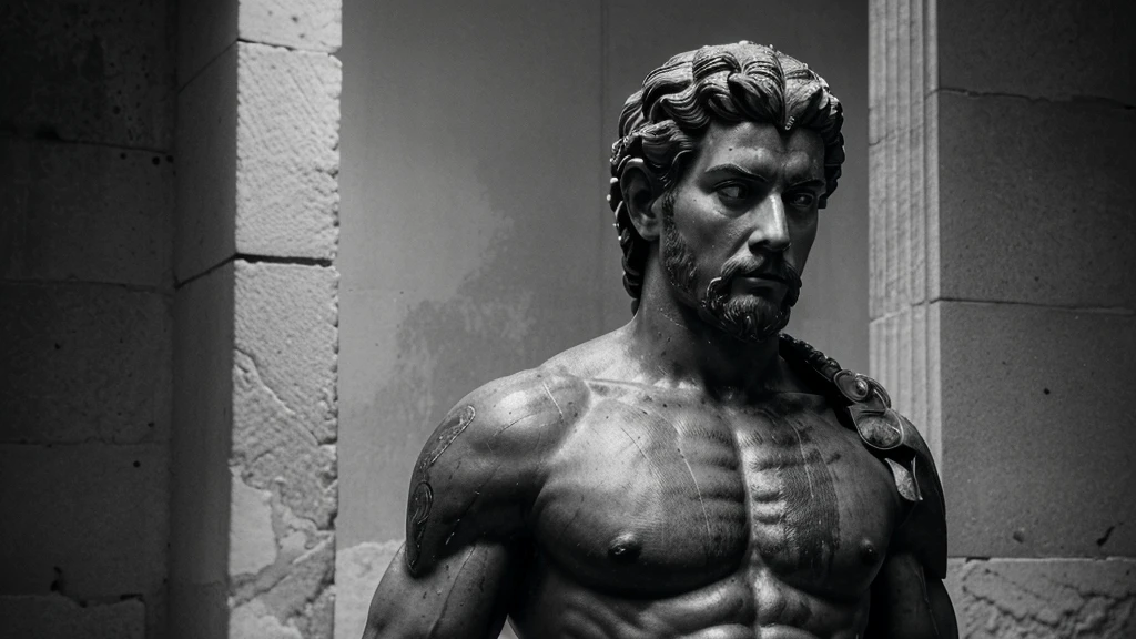 a portrait statue of the stoic Marcus Aurelius in black and white 4K, Super realistic ANCIENT GREEK RUINS, fully body, corpo stark, brawny, stark, wearing no shirt, tronco stark, stark, wearing no shirt, strong arms, 8k, ultra realisitic, cinematographic