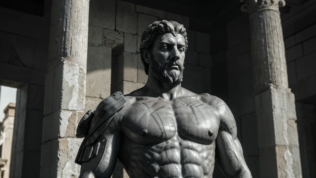 a portrait statue of the stoic Marcus Aurelius in black and white 4K, Super realistic ANCIENT GREEK RUINS, fully body, corpo stark, brawny, stark, wearing no shirt, tronco stark, stark, wearing no shirt, strong arms, 8k, ultra realisitic, cinematographic