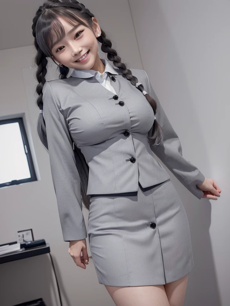 Highest quality、masterpiece、8k、Very detailed、Realistic、(One girl)、(Looking at me with a smile:1.5)、whole body、Black Hair、Small face、(Slender:1.2)、(Big Breasts:1.2)、(White business shirt with buttons and a collar:1.2)、(short tight skirt in gray,:1.2)、(Grey business jacket:1.2)、Braid