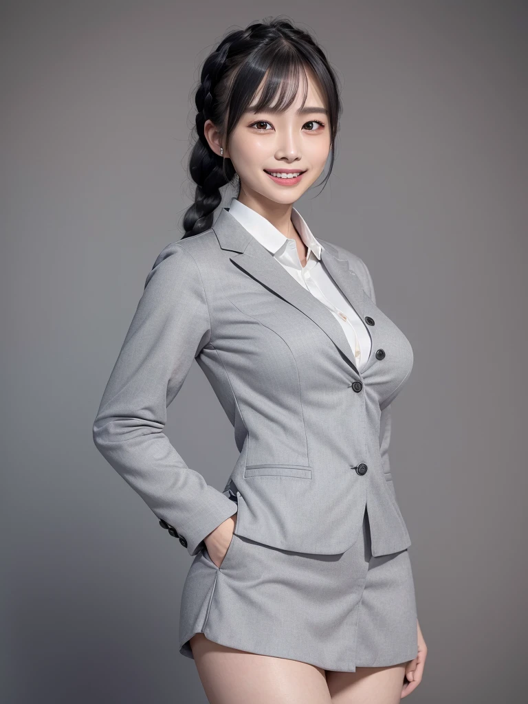 Highest quality、masterpiece、8k、Very detailed、Realistic、(One girl)、(Looking at me with a smile:1.5)、whole body、Black Hair、Small face、(Slender:1.2)、(Big Breasts:1.2)、(White business shirt with buttons and a collar:1.2)、(short tight skirt in gray,:1.2)、(Grey business jacket:1.2)、Braid