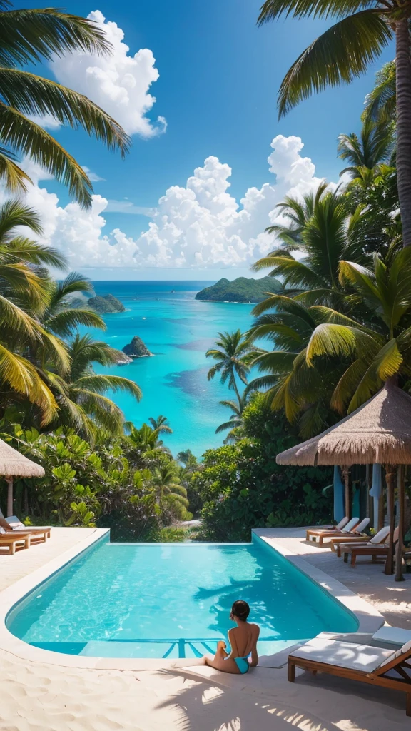 resort,girl swimming in the crystal-clear pool,tropical paradise,golden sandy beaches,luxury villas,exotic palm trees,azure blue sky,gentle sea breeze,relaxing hammocks,beach volleyball,refreshing cocktails,diving into the turquoise water,sun-kissed skin,sun loungers by the pool,natural beauty of the surroundings,mesmerizing sunset over the ocean,peaceful and tranquil atmosphere,(best quality,4k,8k,highres,masterpiece:1.2),ultra-detailed,(realistic,photorealistic,photo-realistic:1.37),vivid colors,tropical paradise scenery