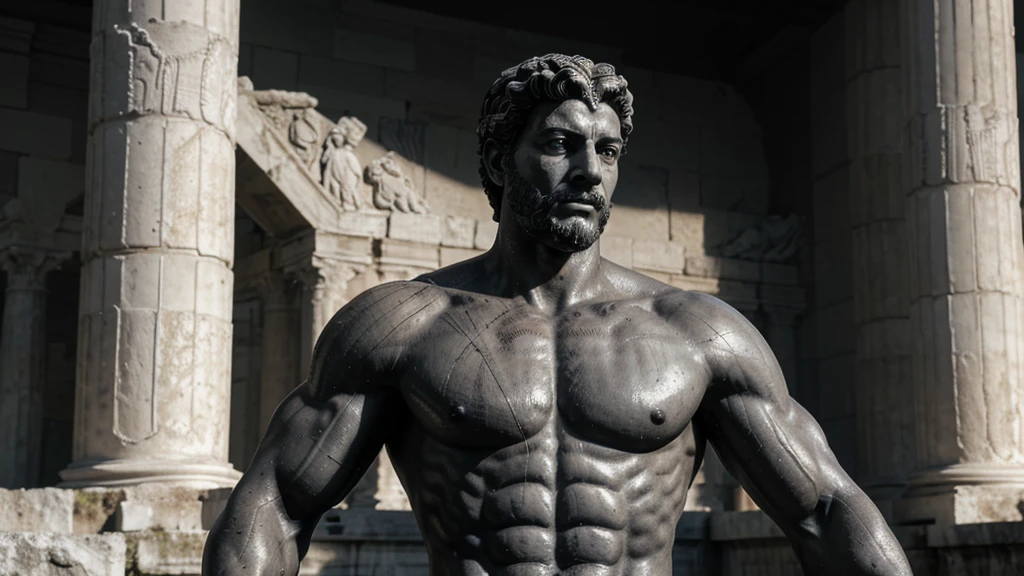 a portrait statue of the stoic Marcus Aurelius in black and white 4K, Super realistic ANCIENT GREEK RUINS, fully body, corpo stark, brawny, stark, wearing no shirt, tronco stark, stark, wearing no shirt, strong arms, 8k, ultra realisitic, cinematographic
