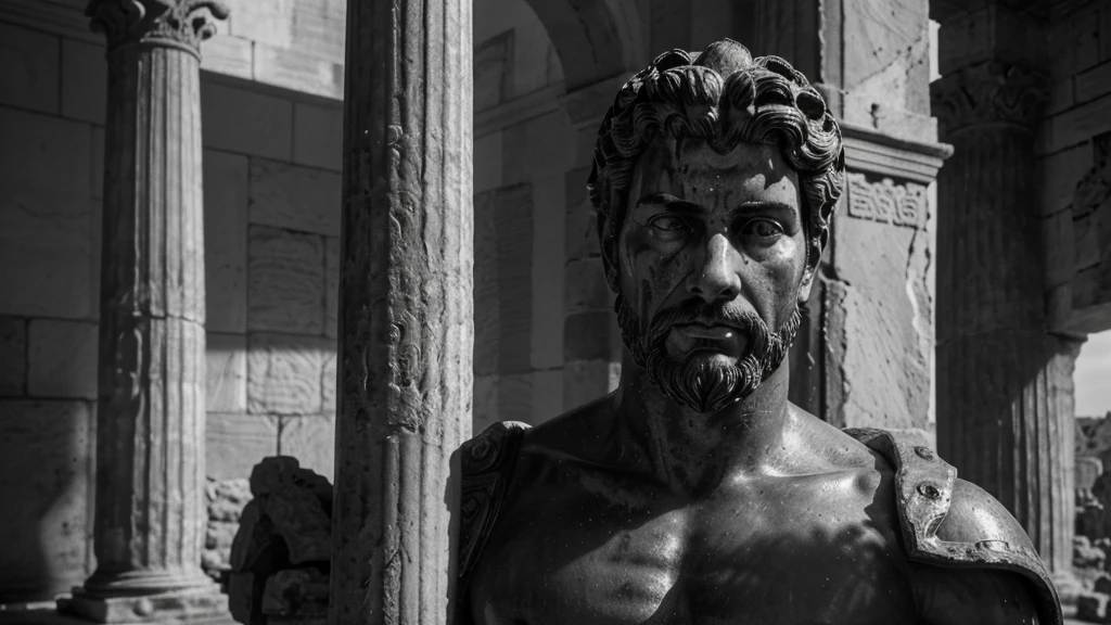 a portrait statue of the stoic Marcus Aurelius in black and white 4K, Super realistic ANCIENT GREEK RUINS, fully body, corpo stark, brawny, stark, wearing no shirt, tronco stark, stark, wearing no shirt, strong arms, 8k, ultra realisitic, cinematographic
