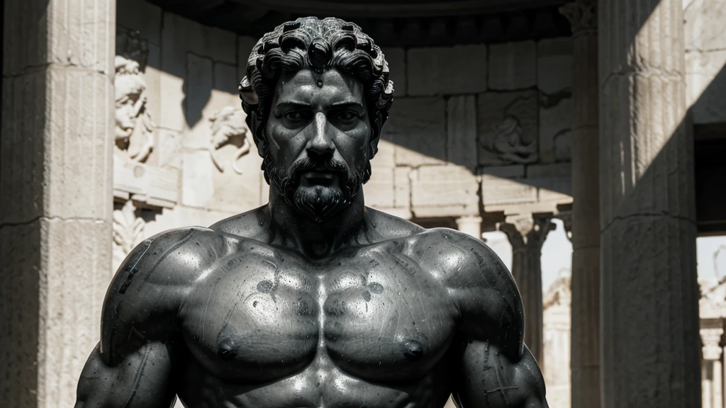 a portrait statue of the stoic Marcus Aurelius in black and white 4K, Super realistic ANCIENT GREEK RUINS, fully body, corpo stark, brawny, stark, wearing no shirt, tronco stark, stark, wearing no shirt, strong arms, 8k, ultra realisitic, cinematographic
