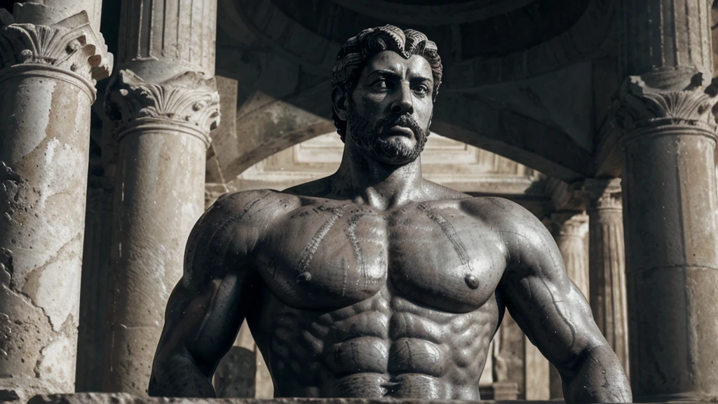 a portrait statue of the stoic Marcus Aurelius in black and white 4K, Super realistic ANCIENT GREEK RUINS, fully body, corpo stark, brawny, stark, wearing no shirt, tronco stark, stark, wearing no shirt, strong arms, 8k, ultra realisitic, cinematographic