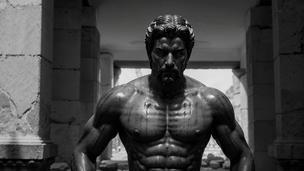a portrait statue of the stoic Marcus Aurelius in black and white 4K, Super realistic ANCIENT GREEK RUINS, fully body, corpo stark, brawny, stark, wearing no shirt, tronco stark, stark, wearing no shirt, strong arms, 8k, ultra realisitic, cinematographic
