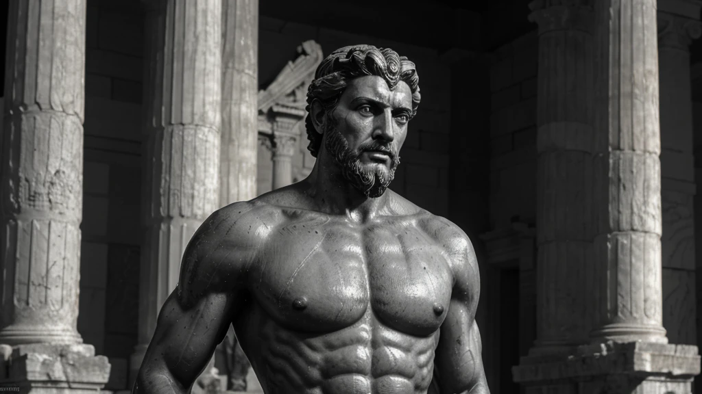 a portrait statue of the stoic Marcus Aurelius in black and white 4K, Super realistic ANCIENT GREEK RUINS, fully body, corpo stark, brawny, stark, wearing no shirt, tronco stark, stark, wearing no shirt, strong arms, 8k, ultra realisitic, cinematographic
