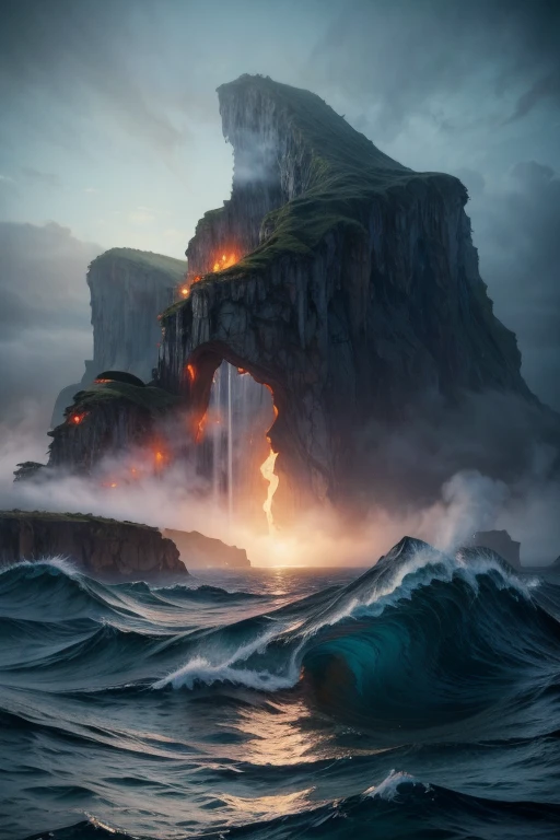 Monster island, Giant monsters on Island, Island full of monsters, Kaiju's on island, blue ocean surrounding the island, scary island atmosphere, monstrous island, ocean waves, Island in the ocean, digital art, intricate details, 8k, photorealistic, hyperrealistic, cinematic lighting, dramatic lighting, high quality, intricate details, masterpiece, digital art