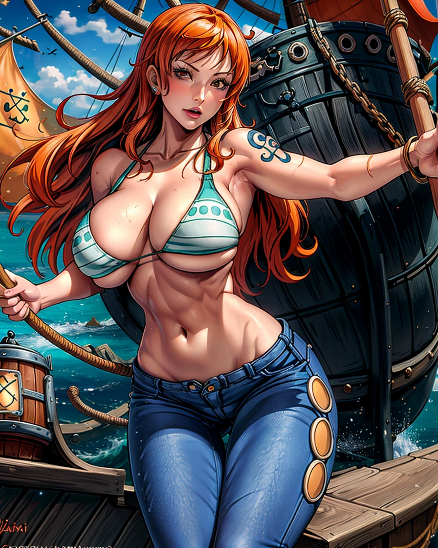 (masterpiece), realistic lights, realistic skin, high detailed art, high definition, defined abdomen, Redhead girl, nami, nami one piece, post time skip nami, sexy girl, tight bikini , ((big breast)), wide waist, lewd, tight jeans, in a ship, pirate ship background, glow illumination, detailed body, female body shape,