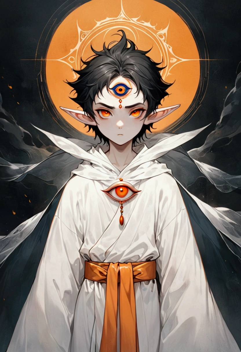 Art Illustration,Dark Style,(((1 Boy,独奏,third eye on the forehead,Elf ears))),(((robe:1.6,Eye Diagram))).(((Thin waist,Orange belt:1.37)))whole body,Death Stare Background。