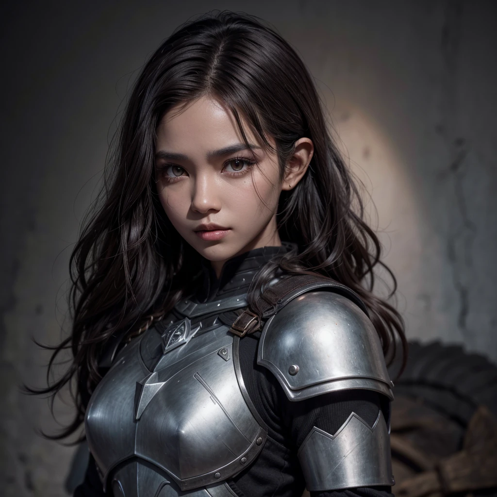 Elfo, Woman, black skin color, short brown wavy hair, dark brown eye, dressed in armor, pointy ear, charcoal skin tone
