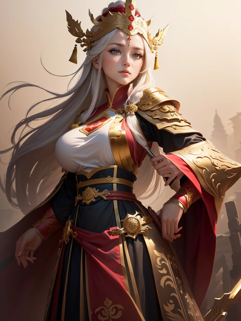 a painting of a woman in a red cape and a gold crown, inspired by Huang Shen, zhao yun, inspired by Li Kan, inspired by Huang Ding, inspired by Wu Bin, inspired by Fan Kuan, inspired by Cao Zhibai, inspired by Li Gonglin, bian lian, inspired by Zhao Yuan, xianxia hero, guan yu, Highly detailed CG unit 8k wallpaper, masterpiece, High resolution, highest quality, highest quality real texture skin, Super Real, Digital Painting, Best image quality, 最High resolution, 8k, (((Highly detailed eyes and face, Beautiful eyes every detail))), disproportionate breasts, huge breasts, sagging breasts, gigantic breasts, (腕を組む, 頬に手を当てる, )