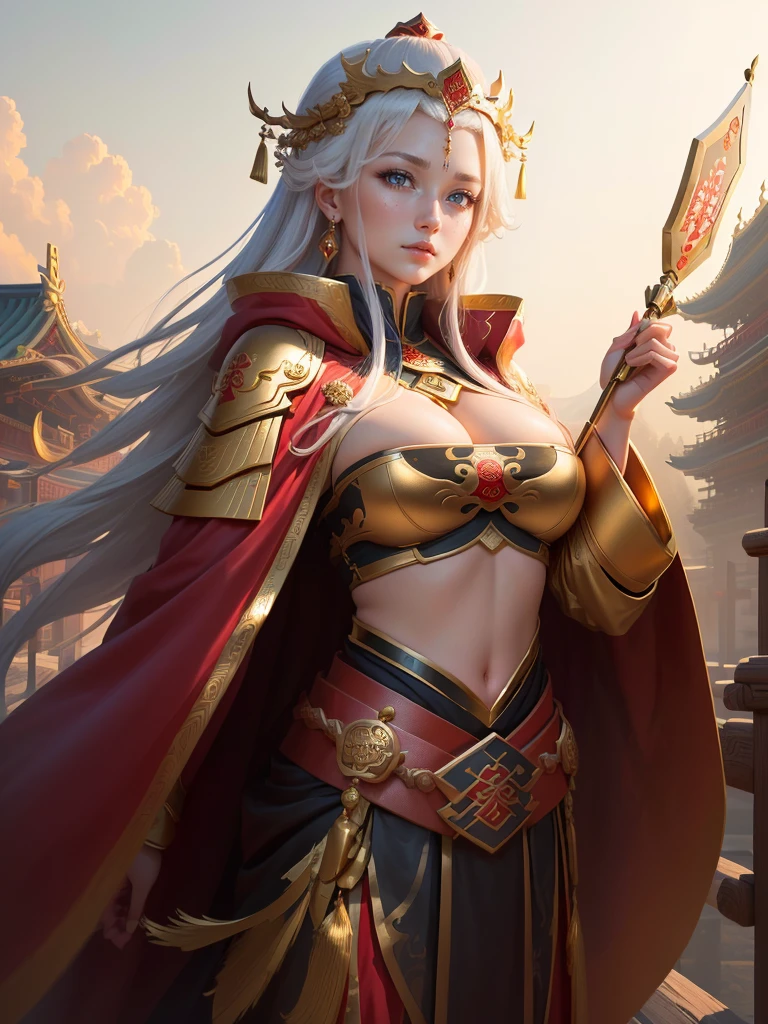 a painting of a woman in a red cape and a gold crown, inspired by Huang Shen, zhao yun, inspired by Li Kan, inspired by Huang Ding, inspired by Wu Bin, inspired by Fan Kuan, inspired by Cao Zhibai, inspired by Li Gonglin, bian lian, inspired by Zhao Yuan, xianxia hero, guan yu, Highly detailed CG unit 8k wallpaper, masterpiece, High resolution, highest quality, highest quality real texture skin, Super Real, Digital Painting, Best image quality, 最High resolution, 8k, (((Highly detailed eyes and face, Beautiful eyes every detail))), disproportionate breasts, huge breasts, sagging breasts, gigantic breasts, (腕を組む, 頬に手を当てる, )