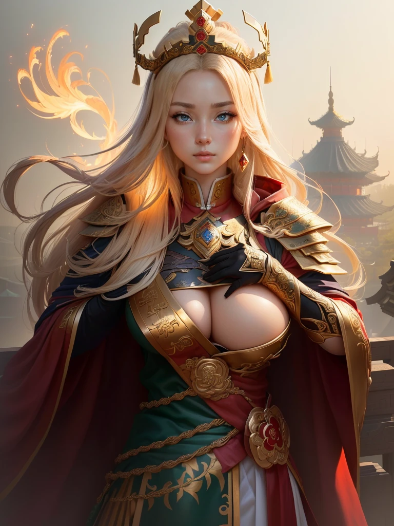 a painting of a woman in a red cape and a gold crown, inspired by Huang Shen, zhao yun, inspired by Li Kan, inspired by Huang Ding, inspired by Wu Bin, inspired by Fan Kuan, inspired by Cao Zhibai, inspired by Li Gonglin, bian lian, inspired by Zhao Yuan, xianxia hero, guan yu, Highly detailed CG unit 8k wallpaper, masterpiece, High resolution, highest quality, highest quality real texture skin, Super Real, Digital Painting, Best image quality, 最High resolution, 8k, (((Highly detailed eyes and face, Beautiful eyes every detail))), disproportionate breasts, huge breasts, sagging breasts, gigantic breasts, (腕を組む, 頬に手を当てる, )