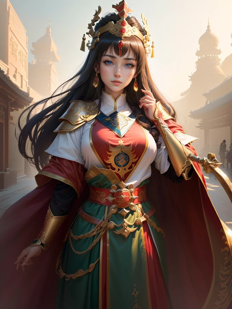 a painting of a woman in a red cape and a gold crown, inspired by Huang Shen, zhao yun, inspired by Li Kan, inspired by Huang Ding, inspired by Wu Bin, inspired by Fan Kuan, inspired by Cao Zhibai, inspired by Li Gonglin, bian lian, inspired by Zhao Yuan, xianxia hero, guan yu, Highly detailed CG unit 8k wallpaper, masterpiece, High resolution, highest quality, highest quality real texture skin, Super Real, Digital Painting, Best image quality, 最High resolution, 8k, (((Highly detailed eyes and face, Beautiful eyes every detail))), disproportionate breasts, huge breasts, sagging breasts, gigantic breasts, (腕を組む, 頬に手を当てる, )