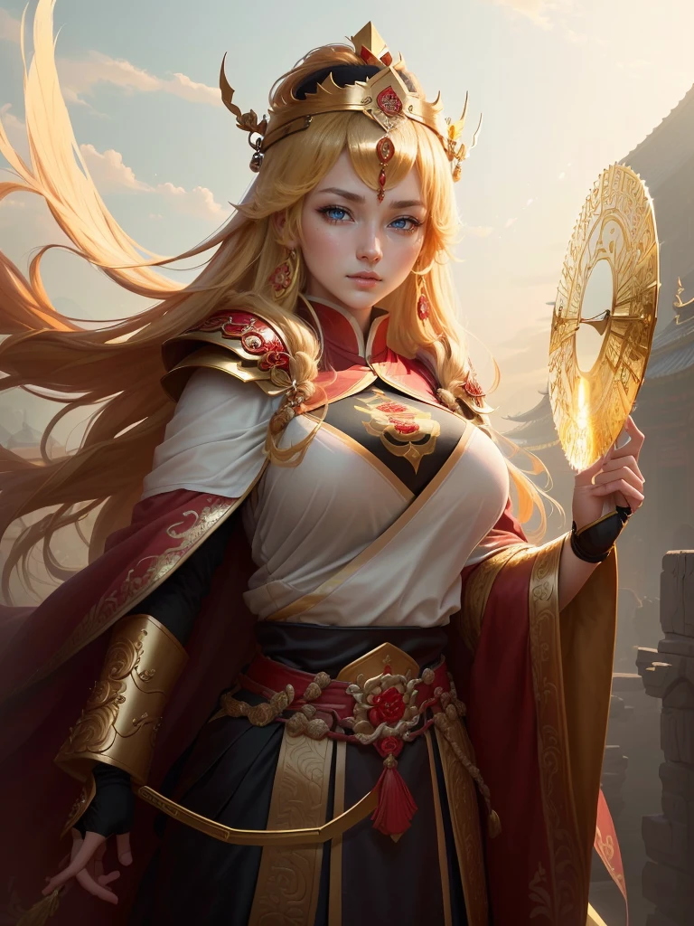 a painting of a woman in a red cape and a gold crown, inspired by Huang Shen, zhao yun, inspired by Li Kan, inspired by Huang Ding, inspired by Wu Bin, inspired by Fan Kuan, inspired by Cao Zhibai, inspired by Li Gonglin, bian lian, inspired by Zhao Yuan, xianxia hero, guan yu, Highly detailed CG unit 8k wallpaper, masterpiece, High resolution, highest quality, highest quality real texture skin, Super Real, Digital Painting, Best image quality, 最High resolution, 8k, (((Highly detailed eyes and face, Beautiful eyes every detail))), disproportionate breasts, huge breasts, sagging breasts, gigantic breasts, (腕を組む, 頬に手を当てる, )