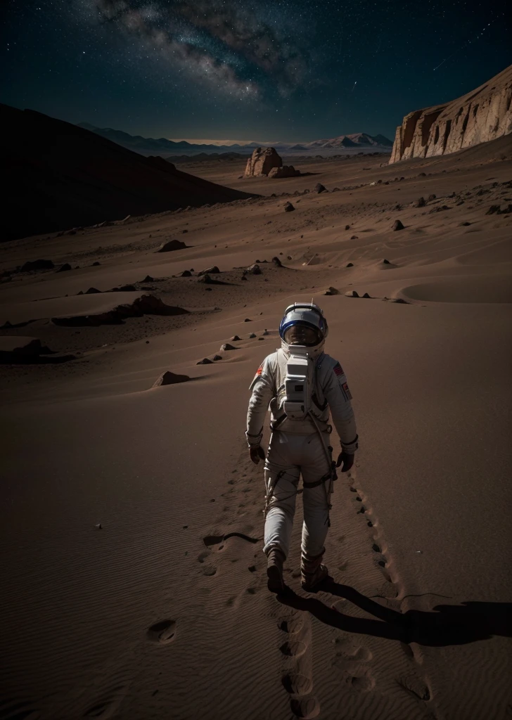 An astronaut walking on Mars at night, with an environment filled with rocks, stones, mountains, and peaks. The scene is viewed from behind the astronaut, so the viewer sees the astronaut from the back. The Martian sky is dark with stars visible, and the landscape is illuminated by the astronaut's suit lights.