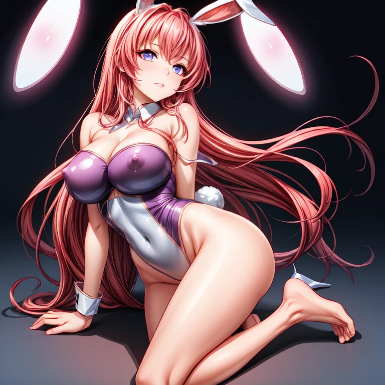 masterpiece, Highest quality,Beautiful Eyes, Beautiful Hair, Beautiful Face, Beautiful Skin, alone, 1 girl, Erect nipples, Anime Girls, (whole body), Curvy, Beautiful breasts,Glowing Skin,Shining Eyes, Smooth Skin, Glowing Skin, Soft Skin, Glowing Skin, (A purple high-leg leotard with no decoration on the shoulders or neck.)、Side bust, Cleavage, barefoot, High heels, (Pink Hair), (Bare neck:1.3), (Bare shoulders:1.3), (bare collarbones:1.3), fake rabbit ears