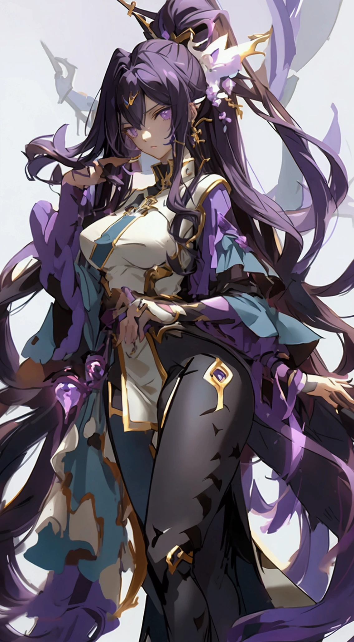 anime style: tall woman with long black hair with a blue line, purple,  perfect light skin colored body, big breasts,  He is looking at the camera seriously, She dresses in a blue and purple uniform with a skirt that is uncovered at the front. She has long black stockings and dung that reaches the knee and in her hand she has a sword and behind it a lightning bolt that falls and hits the ground.. 