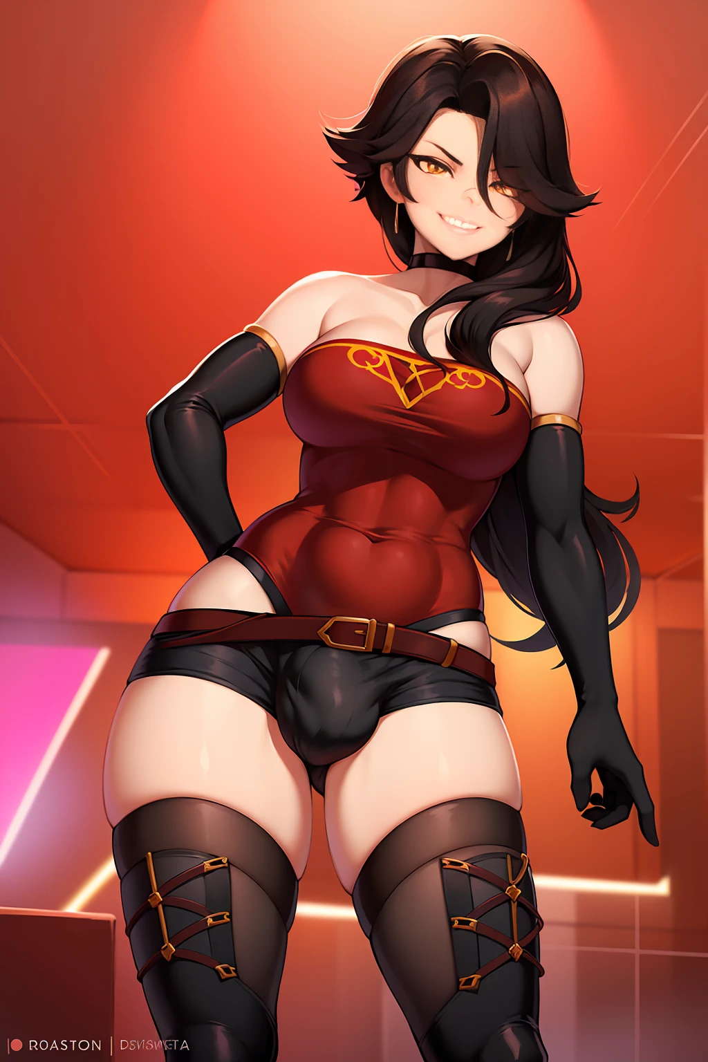 (masterpiece, best quality:1.2), cowboy shot, solo, 1girl, cinder fall wearing a red tube top with black shorts and thigh high boots, evil smile, looking at viewer, long hair, red dress, elbow gloves, in busy nightclub, (crotch bulge:1.3),