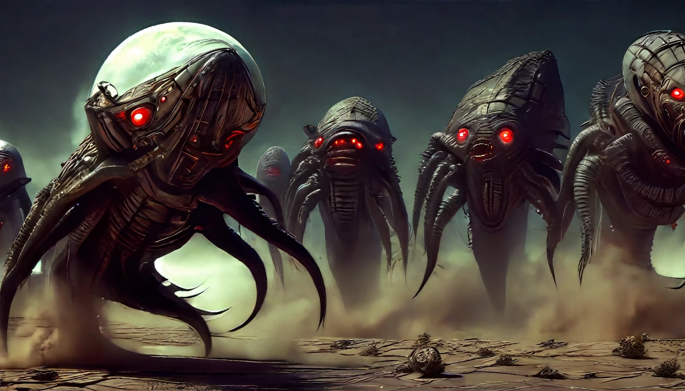 (3D rendering:3.1) in (medium full shot:3.1) of lot of 5characters from a movie for (the undead horde surges across the desert, leaving a trail of chaos and destruction in their wake. a space creature appears with red eyes glowing with an eerie light and its mouth twisted into a grotesque snarl:2.5), inspired by Zdzislaw Beksinski and Peter Gric, (with Creepy, Sci-Fi, Fantasy and Horror:2.9) retro sci fi, Horror movie, very detailed body, moody, epic, shot on Kodak Vision3, (intricate details:2.4), (hyperdetailed:3.1), (8k resolution:3.1), (high detailed:4.1), lot of detailed, high quality, soft (cinematic:3.3) light, dramatic atmosphere, atmospheric pespective, (impactful art:2.8), rich colors, (3D rendering:3.1)
