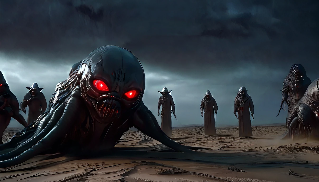 (3D rendering:3.1) in (medium full shot:3.1) of lot of 5characters from a movie for (the undead horde surges across the desert, leaving a trail of chaos and destruction in their wake. a space creature appears with red eyes glowing with an eerie light and its mouth twisted into a grotesque snarl:2.5), inspired by Zdzislaw Beksinski and Peter Gric, (with Creepy, Sci-Fi, Fantasy and Horror:2.9) retro sci fi, Horror movie, very detailed body, moody, epic, shot on Kodak Vision3, (intricate details:2.4), (hyperdetailed:3.1), (8k resolution:3.1), (high detailed:4.1), lot of detailed, high quality, soft (cinematic:3.3) light, dramatic atmosphere, atmospheric pespective, (impactful art:2.8), rich colors, (3D rendering:3.1)