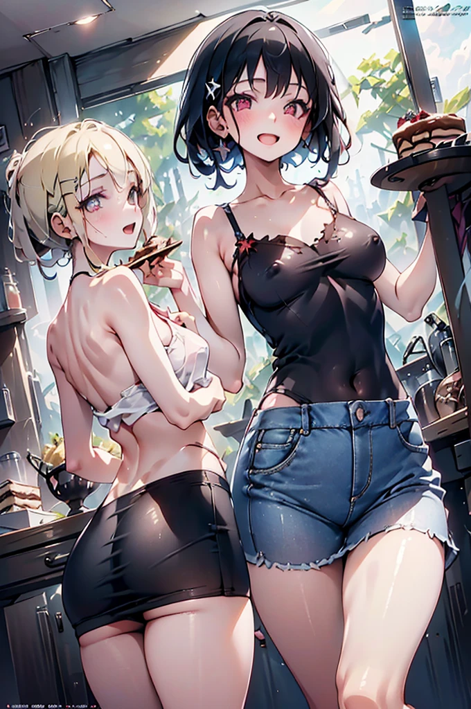 (small breasts:1.2), (perky chest:1.2), (pointed chest:1.2), (Pudding cake magazine cover:1.3),(from below:1.0),(shoot from the side:1.1),masterpiece, 1girl, Amazing Cleavage:1.1, thin waist, optimum,tmasterpiece,hight resolution,best qualtiy,hyper HD,super detailing,awardwinning,a 18yo cute girl,(The upper part of the body),anatomy correct,Beautiful Black miniskirt,garters,Gaze,Small face,bangss,holster,Beautuful Women,hands up,leg holster,Gaze,black boots,Cowboy Shot,cute face,a blond,Longhaire,Twin-tailed,Braids, Hairline,(scarlet eyes),long eyelasher,Hanging eye corners,White skin of the, ((see through camisole:1.1)), ((Sheer nipples:1.0)),Rocket Tits,(Slim body),smile,seductive weak smiling,(with sparkling eyes and a contagious smile),little open mouth, Looking at Viewer,