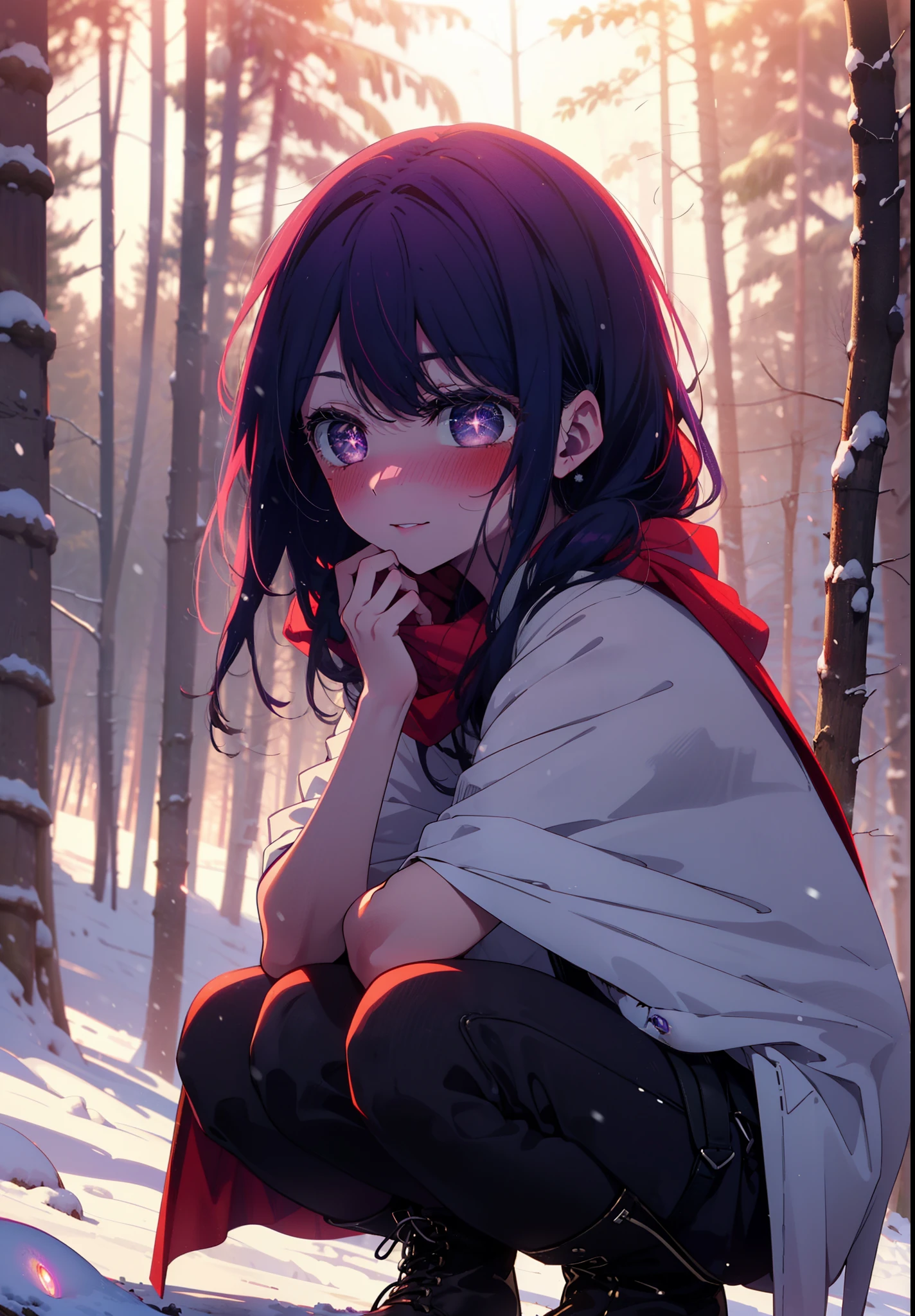 aihoshino, Ai Hoshino, Long Hair, bangs, (Purple eyes:1.1), Purple Hair, (Symbol-shaped pupil:1.5), smile,,smile,blush,white breath,
Open your mouth,snow,Ground bonfire, Outdoor, boots, snowing, From the side, wood, suitcase, Cape, Blurred, , forest, White handbag, nature, Squat, Mouth closed, Cape, winter, Written boundary depth, Black shoes, red Cape break looking at viewer, Upper Body, whole body, break Outdoor, forest, nature, break (masterpiece:1.2), Highest quality, High resolution, unity 8k wallpaper, (shape:0.8), (Beautiful and beautiful eyes:1.6), Highly detailed face, Perfect lighting, Highly detailed CG, (Perfect hands, Perfect Anatomy),