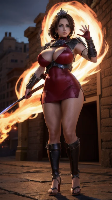 photo of a kunoichi,1 girl,maduro,tall woman,wide hip,Toned body,wide hip,Toned body,action pose,
(Masterpiece:1.4), (Best Quality:1.4), (photorealistic:1.4),
SIMILAR_soul calibur_aiwaifu,bright,mono,Horse tail,ninjas,gloves,(big breasts:1.4),weapondura,wide,tight skin,Brown eyes,weapon,sword,Brown hair,fingerless gloves,fishnet stockings,shoulder weapondura,elbow gloves,lips,hits,tenure,red mono,hair ornament,arm protectors,tenure weapon,shoulder pads,camel toe,(huge breasts:1.4),fault,bright clothes,bright,sleeveless,ABS,turtleneck,high Horse tail,impossible clothes,make up,Covered navel,
red fishnet mono, fishnet stockings, fingerless gloves, arm protectors, shoulder weapondura, 1 girl,wide, (high quality,8k,black fur, realist, Best Quality,Masterpiece,ultra detailed, absurdities)1.5,((SAMA1, tiara, Marine Senshi in uniform, gloves blancos, red sailor collar, Red skirt)),city at night,gloves blancos,purple bow,Purple eye, (magical world,fire),high heels,